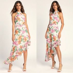 NEW Lulus Season's Best White Floral Print Asymmetrical Midi Dress Size Medium